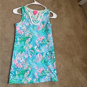 Lilly Pulitzer Aqua Floral Beaded Neckline Shift Dress